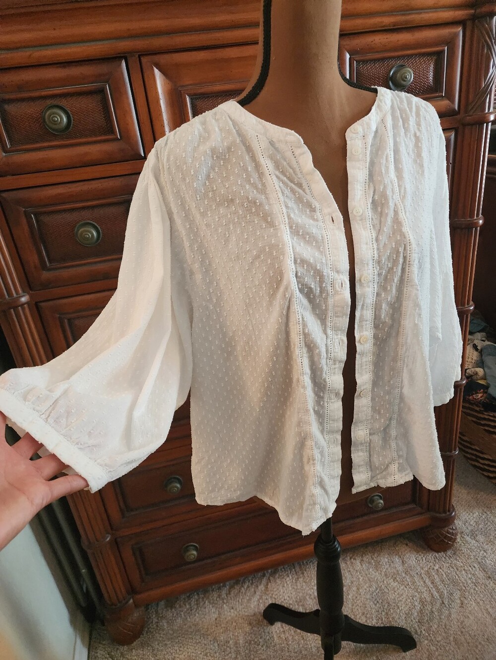 Court & Rowe Butter Mom Romantic White Cotton Swiss Dot Button-Front Women's Top